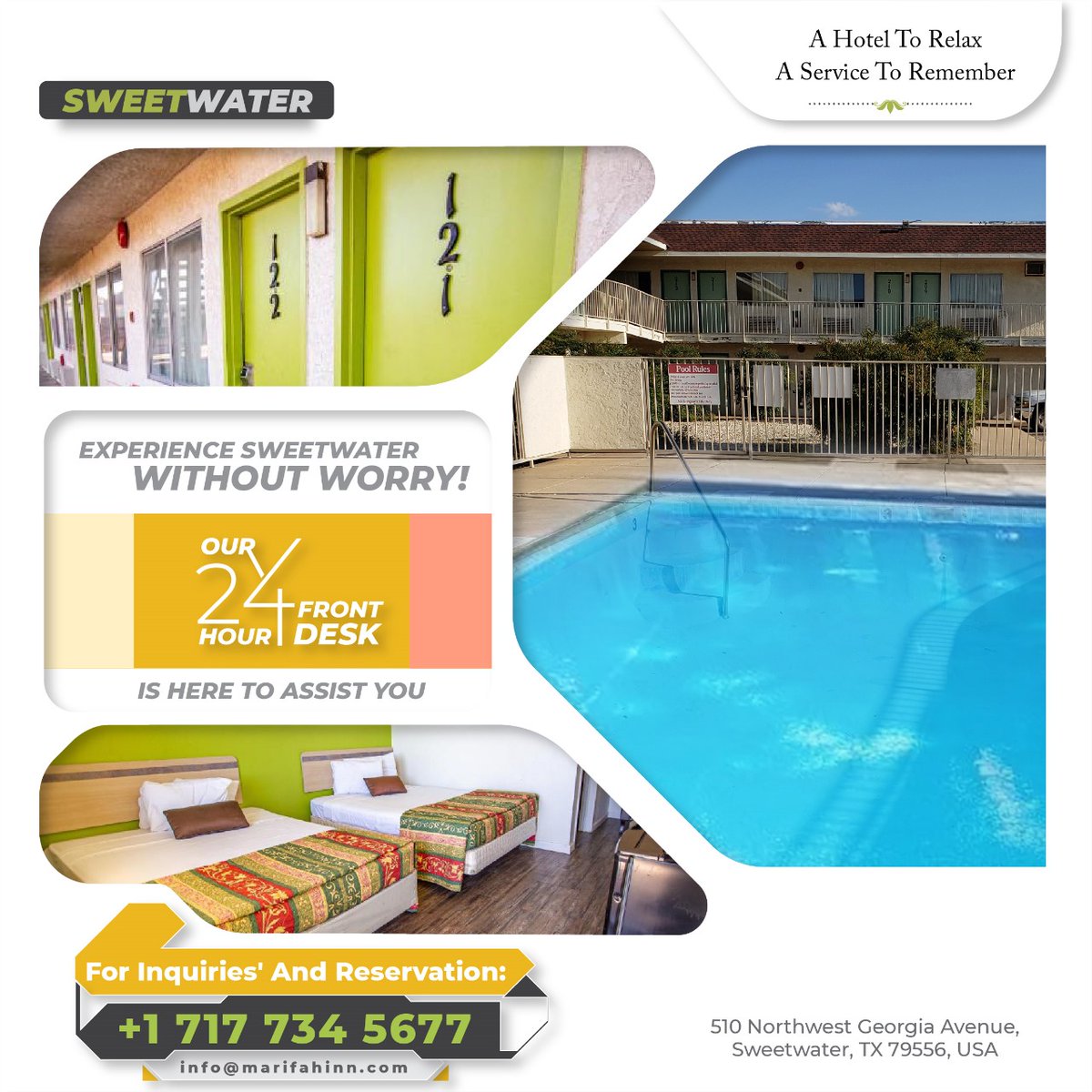 Sweet_waterinn's tweet photo. Stay worry-free at Sweetwater Inn! Our attentive 24-hour front desk is committed to ensuring your stay is smooth and enjoyable.
.
For inquiries call Us:+1 717 734 5677
.
#MarifahInnSweetwater #Marifah #Sweetwater #Sweetwaterinn #marifahinn #CozyNights #SweetDreams https://t.co/Glk7x5Z0VX