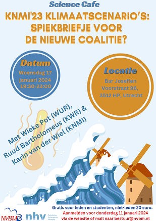 Op 17 januari organiseren de #NVBM en @hydrologie een #Science #Cafe waar @wiekepot, @karin_vdwiel @r_bartholomeus uitleg geven over hoe de nieuwe @KNMI #klimaat scenario's richting kunnen geven in de #water sector. Kom je ook? Aanmelden kan via: nvbm.nl/evenementen/nv… #weer