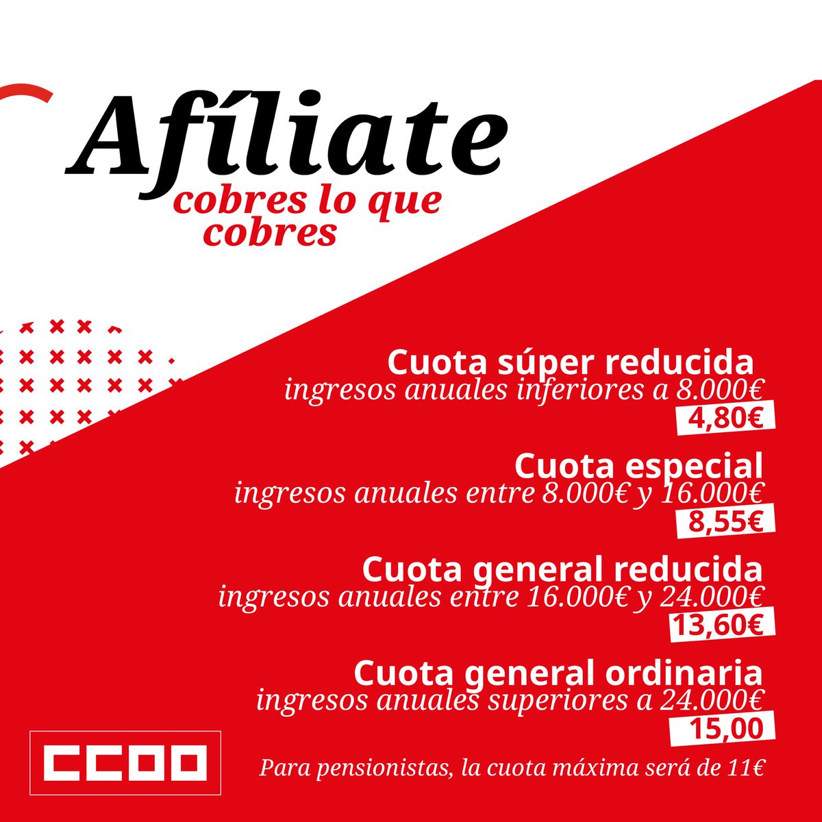 CCOO's tweet photo. Tu cuota te da más,
Ofrecemos más servicios
Mejoramos la asesoría jurídica
Y también un seguro de accidente para protegerte a ti y a los tuyos
Afíliate cobres lo que cobres https://t.co/bpvQx0CMGo