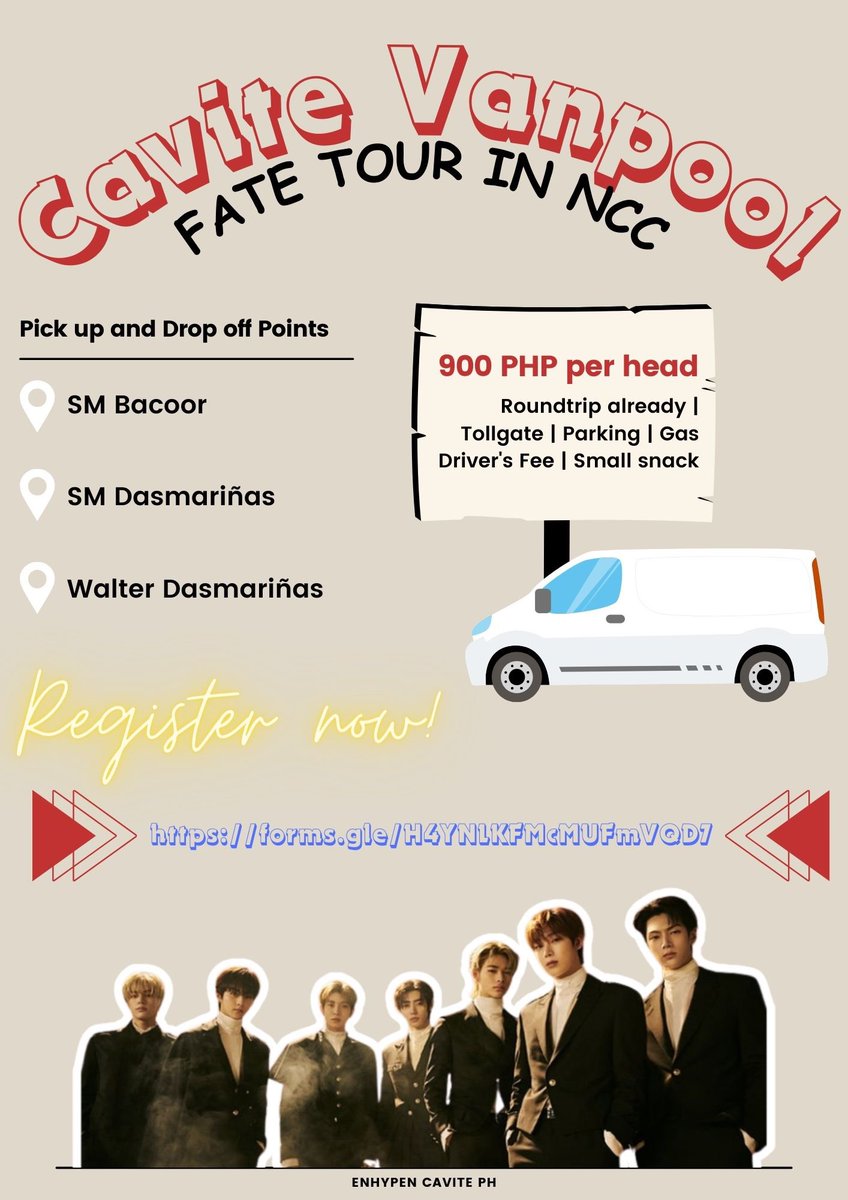 encavite's tweet photo. ITS HERE! Cavite Vanpool Shuttle Service for #FATE_IN_NEWCLARKCITY on February 3, 2024 

🎫 ₱900 per head
📍 3 different location points
📃 Other important information found in the forms

Register now!
🔗 https://t.co/wJSpyjizup

🏷️ engene cavite van ncc fate tour ph lf wts https://t.co/OwaeCTUN0V