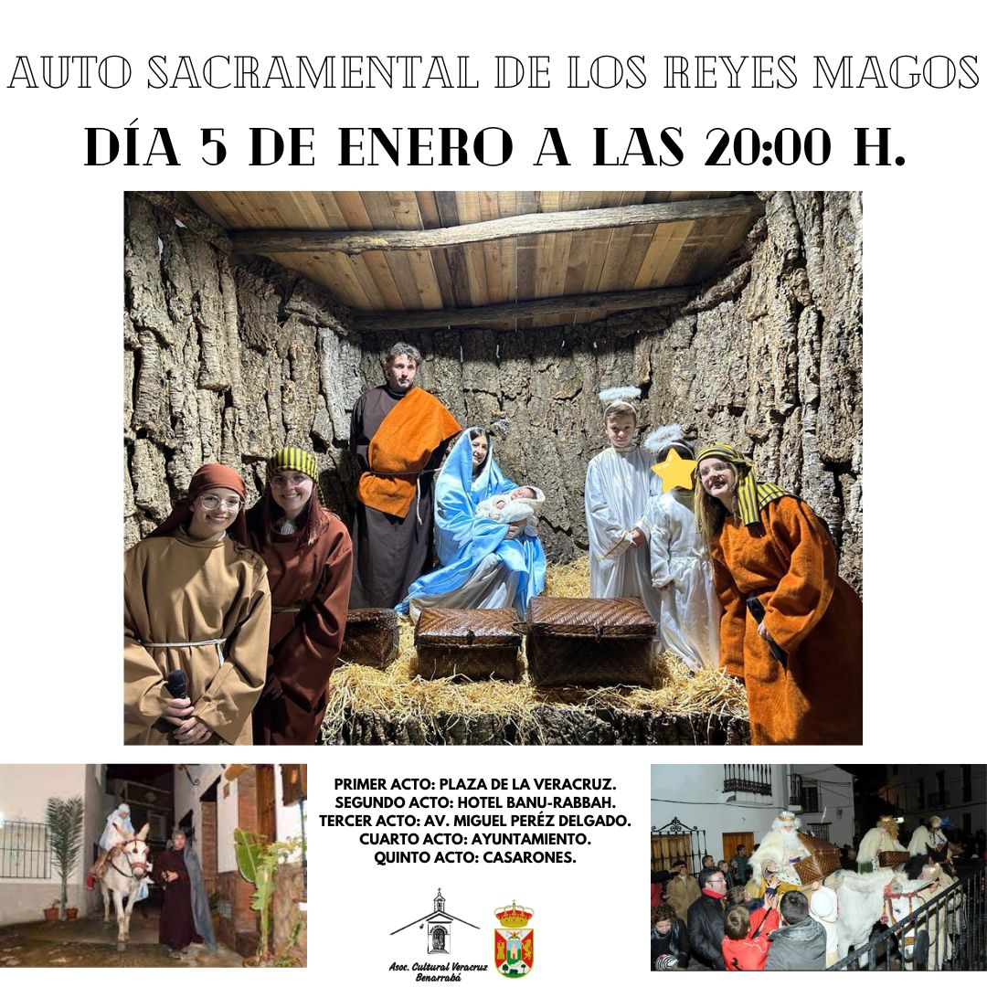 benarrabainnova's tweet photo. REPRESENTACIÓN POPULAR DEL AUTO SACRAMENTAL DE LOS REYES MAGOS:
El día 5 de enero a las 20:00 horas.
5 Actos representados a lo largo del recorrido que comienza en la Plaza Veracruz.
La Representación culmina con la entrega de regalos por nuestros Majestades en la Iglesia. https://t.co/TuVWzj3CoB