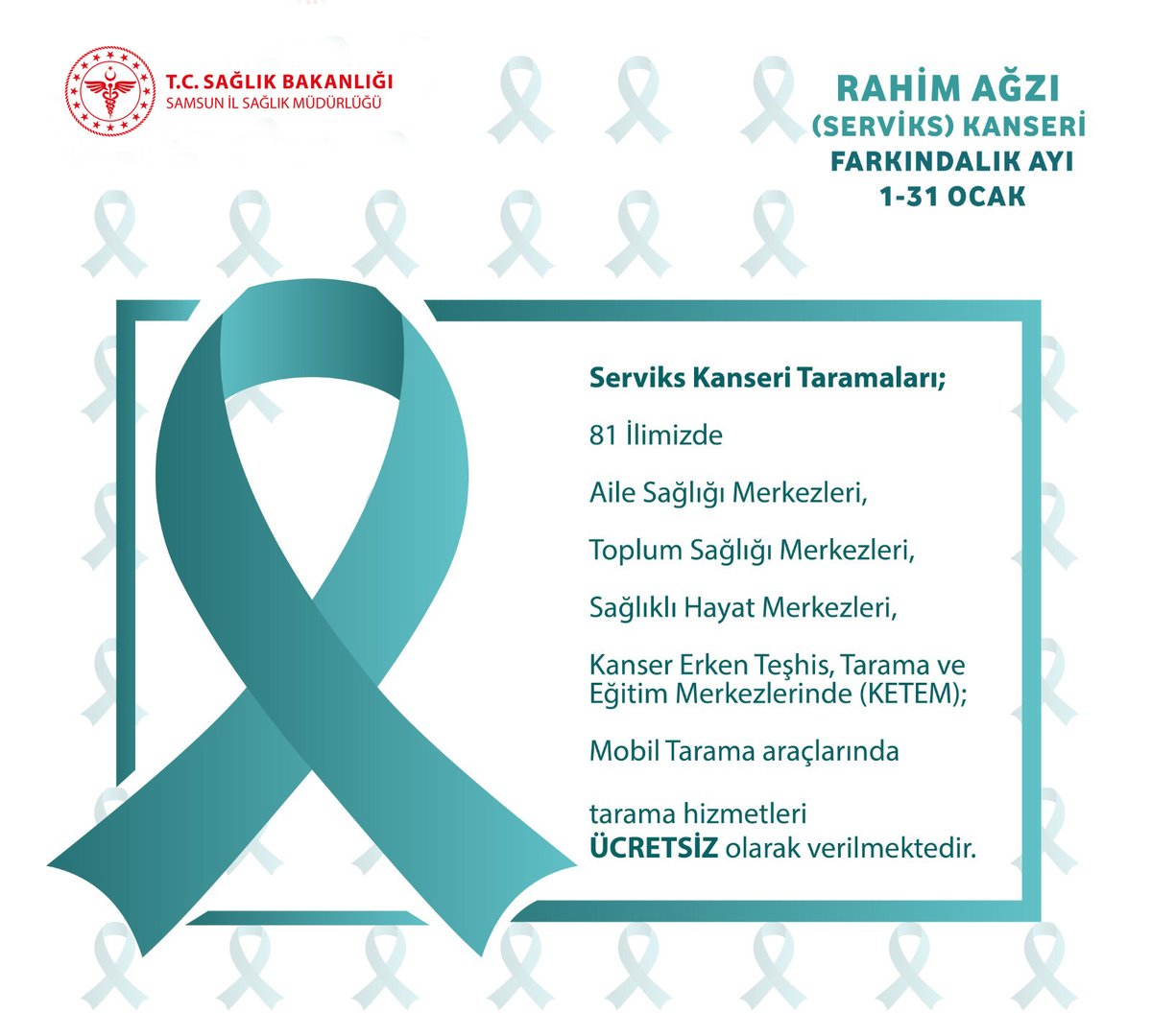 Rahim Ağzı (Serviks) kanseri taramanızı Aile Sağlığı, Toplum Sağlığı,  Sağlıklı Hayat ve Kanser Erken Teşhis Tarama Eğitim Merkezlerimizde ücretsiz olarak yaptırabilirsiniz   

#SağlıklıHayatBirTaramaKadarYakınınızda #ServiksKanseriFarkındalıkAyı