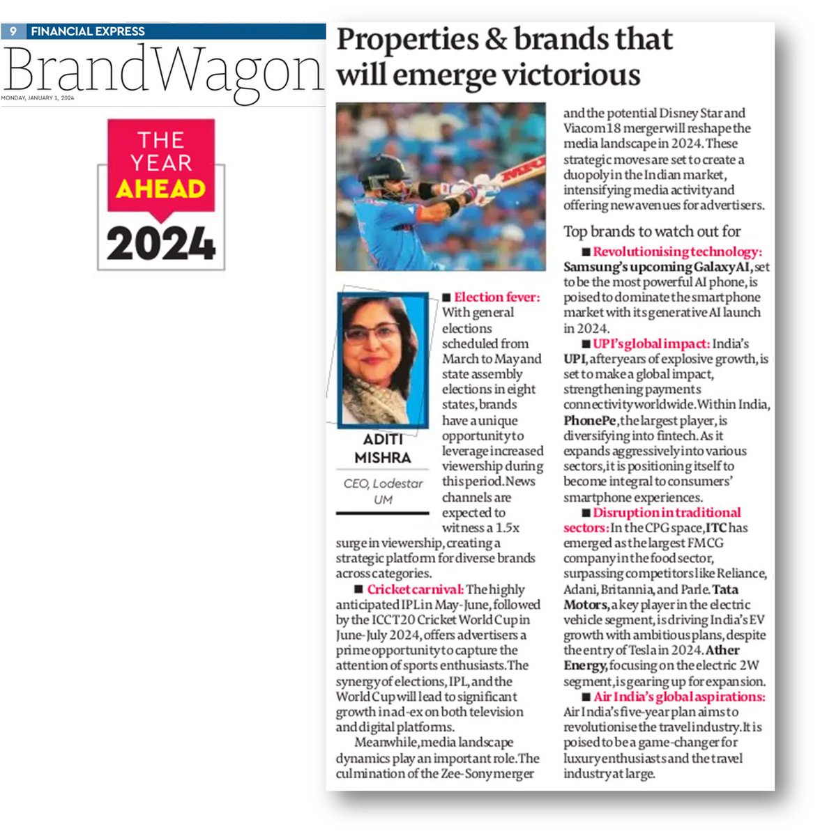 Aditi Mishra, CEO of Lodestar UM, outlines key trends for 2024 in @FEBrandWagon article. She emphasizes leveraging election viewership, capitalizing on the IPL and ICC T20 Cricket World Cup, and navigating the evolving media landscape. Read the story: 🔗 financialexpress.com/business/brand…