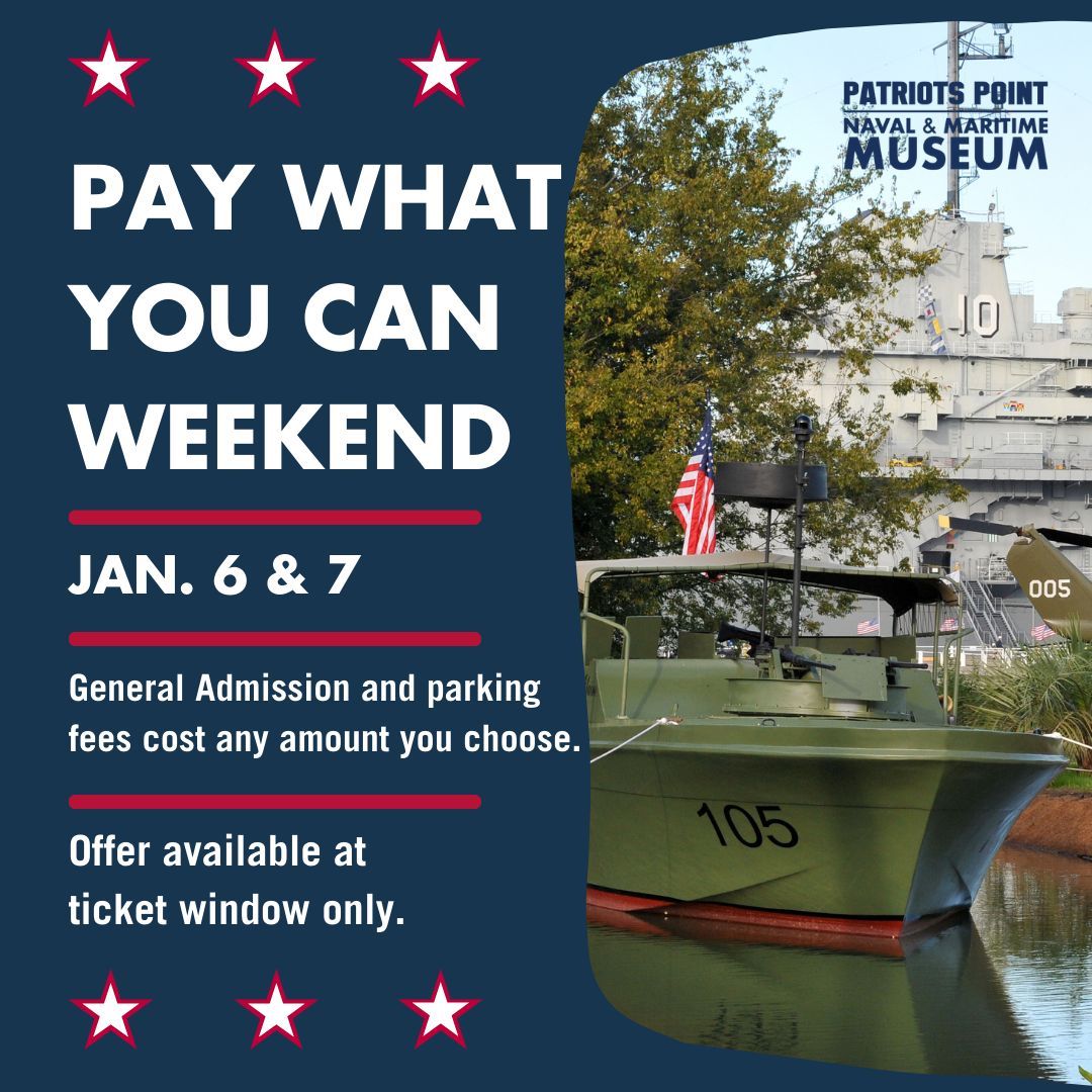 “Pay What You Can” Weekend is back at Patriots Point! On January 6 &amp; 7, 2024, you can pay whatever amount of money you wish for a general admission ticket to our museum.  It's our way of giving back to all of you who support us all year. More info: buff.ly/481ZQ27