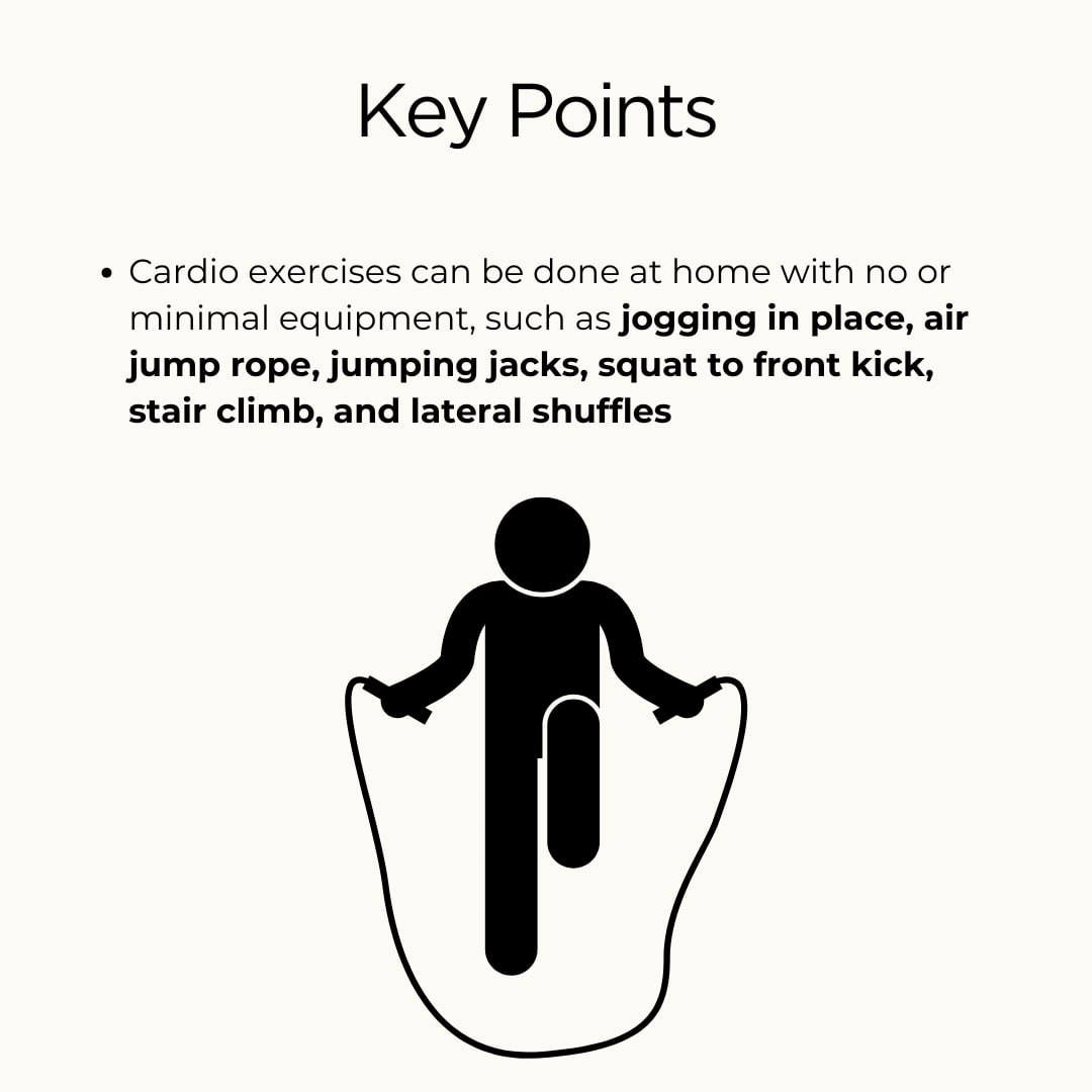 Home cardio made easy! 🌟 No fancy equipment needed—just try jogging in place, air jump rope, jumping jacks, squat to front kick, stair climb, and lateral shuffles. Stay fit from the comfort of your home! 🏋️ #HomeFitness #CardioExercises #NoExcuses