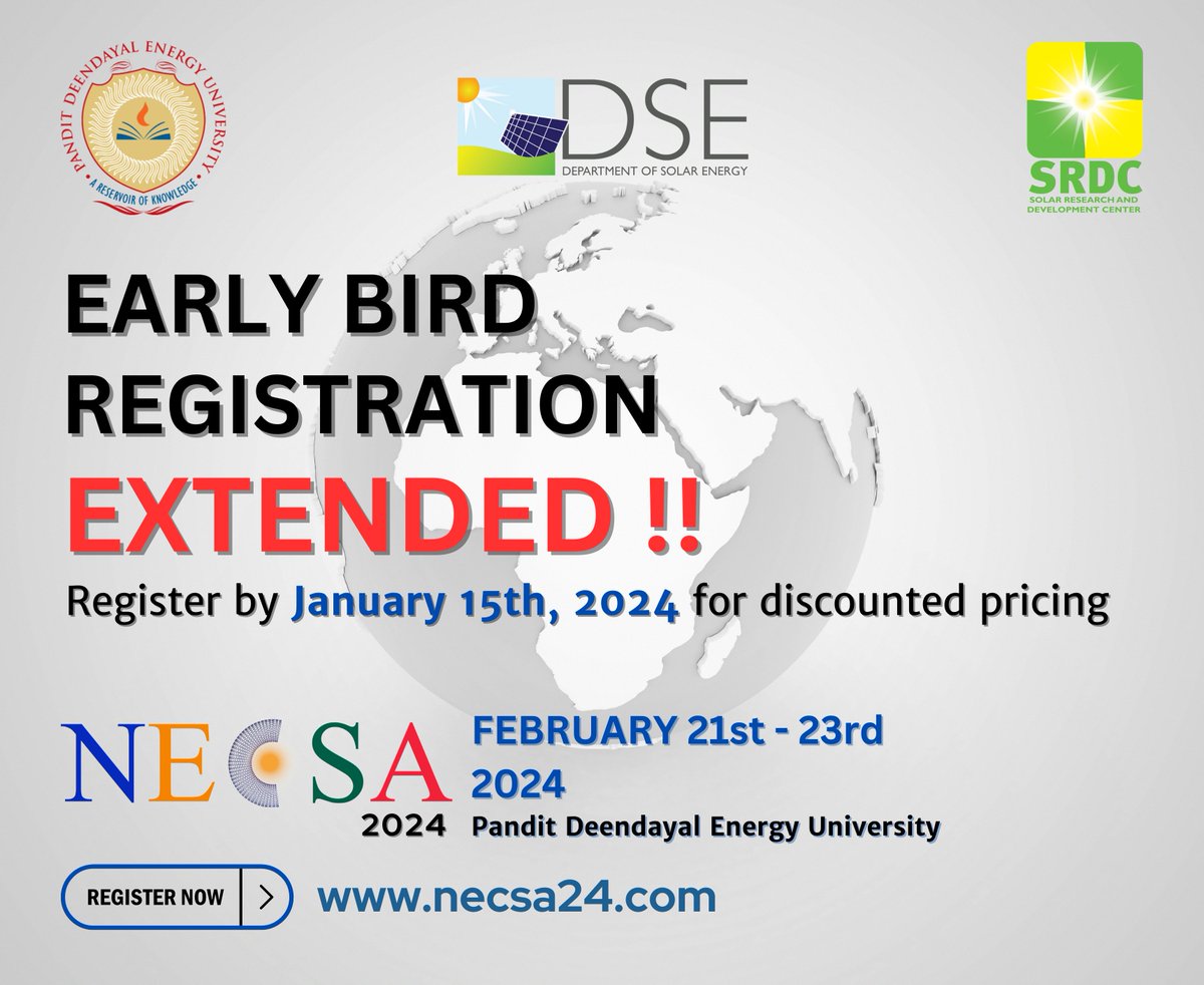 dsepdeu's tweet photo. Secure your spot at NECSA 2024, our 3rd International Conference! Register now to enjoy an extended Early Bird discount. Elevate your knowledge in Solar PV, Energy Storage, Battery Tech, Fuel Cells, EVs, &amp; Green Hydrogen.  Don't miss out!
https://t.co/qk8HTqJLBP

#NECSA2024 https://t.co/AmE7PfdKDv