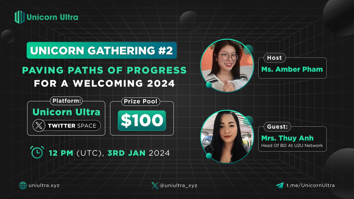 u2u_xyz's tweet photo. 🦄 UNICORN GATHERING 2: PAVING PATHS OF PROGRESS FOR A WELCOMING 2024 - $100 PRIZE POOL

🚀 Unicorn Gathering 2 is now ready and set to focus on U2U Network's achievements at the end of 2023 and its potential for 2024.

⏳ Time: 12 PM (UTC) 3rd Jan 2024
💥 Platform: https://t.co/9dwcngoASs

🔥 PRIZE POOL: $100 USDT for 10 luckiest participants

📍 How To Win
- Download U2U Super App: 
+ IOS: https://t.co/R8HTr6zgcD 
+ Android: https://t.co/c0NVGe3Ulj

- Follow @uniultra_xyz on Twitter
- Join U2U Network Discord Channel
- Retweet this TWEET, with the following hashtags #U2U #UnicornUltra #U2UNFT #U2Usuperapp #SolarAdventure
- Select a number between 1 - 100 and Tag at least 3 friends in the comment of this TWEET.

NOTE: After the Gathering ends, we will announce the winning numbers. In the case of many participants picking the same number, the earliest comment will be selected.

#EVM #Layer1 #U2U #Web3 #U2UNetwork #U2Uchain #Blockchain #SolarAdventure #NFT #Superapp #mainnet #airdrop #LFG #NFTcommunity