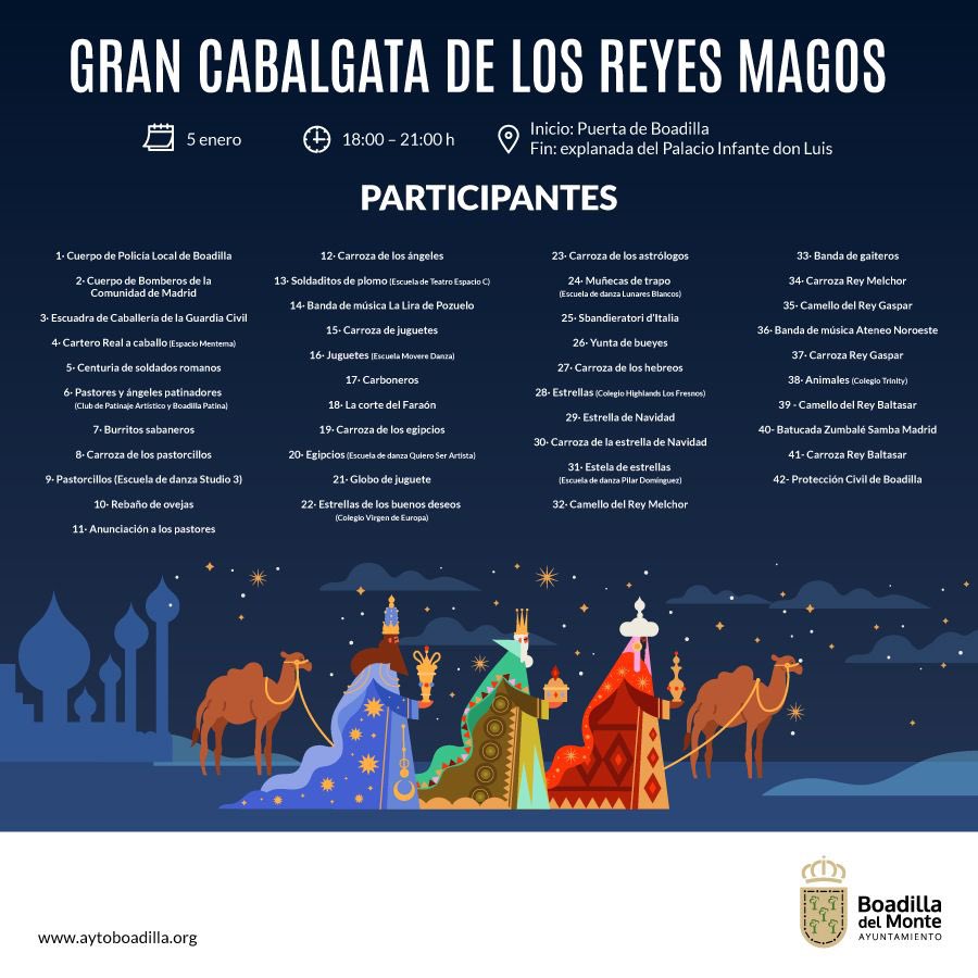No os perdáis la Gran Cabalgata de los Reyes Magos 👑🐫 de Boadilla, que tendrá lugar el próximo 5 de enero.

Comenzará a las 18 h en Puerta de Boadilla 🚉 y las carrozas y participantes recorrerán distintas calles del municipio hasta llegar a la explanada del Palacio 👍, donde