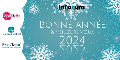 #BonneAnnée 🎉

Une nouvelle année, de nouveaux projets, et toujours l'envie de dynamiser et de valoriser notre secteur d'activité #EntretienTextile avec notre expérience, et nos solutions logicielles : #gesticlean #cleanandcollect et #brooclean !

A bientôt 😊
L'équipe INFORUM