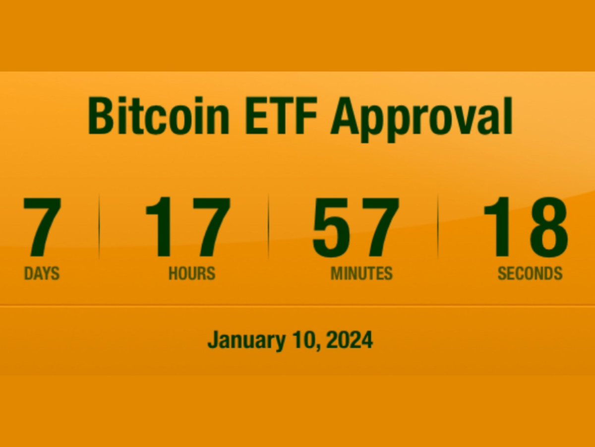 BitcoinArchive's tweet photo. COUNTDOWN🚨

7 days until Bitcoin ETF Approval 👀 https://t.co/cACZu76j9v