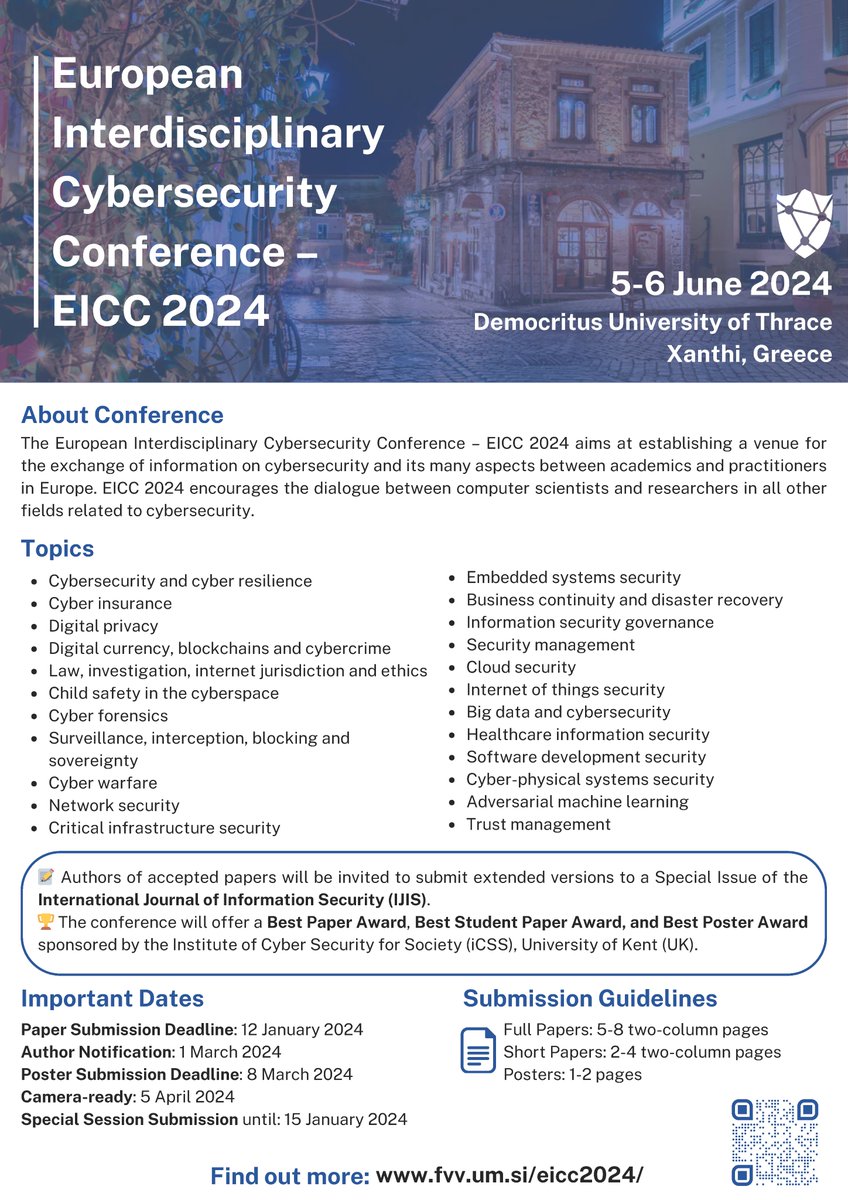 Happy new year to all! We are issuing another call for papers for #EICC2024 #conference, with an updated #poster highlighting more information, e.g., best paper/poster #awards. More on LinkedIn: linkedin.com/posts/hooklee_…

#cyber #security #cybersecurity #infosec #interdisciplinary
