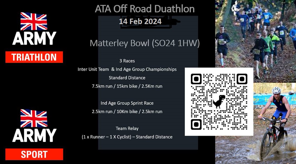 📢Happy New Year from the ATA!! What better way to start the year than signing up to the ATA off Road duathlon. jive.defencegateway.mod.uk/events/164388
<a href="/ArmySportASCB/">Army Sport</a> <a href="/RAFTriathlon/">RAF Triathlon</a> @RNtriathlon
#armysport #runbikerun