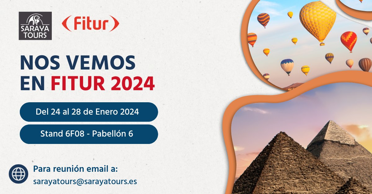 El mayor evento internacional de Turismo abre sus puertas un año más y Saraya Tours también estará presente en esta edición.

🙌 Cinco días que se traducen en cientos de oportunidades, ¡nos vemos en FITUR!

#sarayatours #mayoristasdeviajes #FITUR2024 #viajes #agenciadeviajes