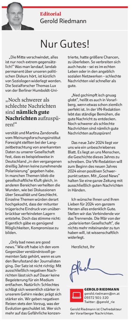 Mit der @VNRedaktion starten wir 2024 mit einer Zeitung voller guter Nachrichten: An „Good News“ hat die gesamte Redaktion mitgearbeitet - und was soll ich sagen: das Postfach ist voll mit Rückmeldungen von Leser*innen. Allesamt positiv. 🥂