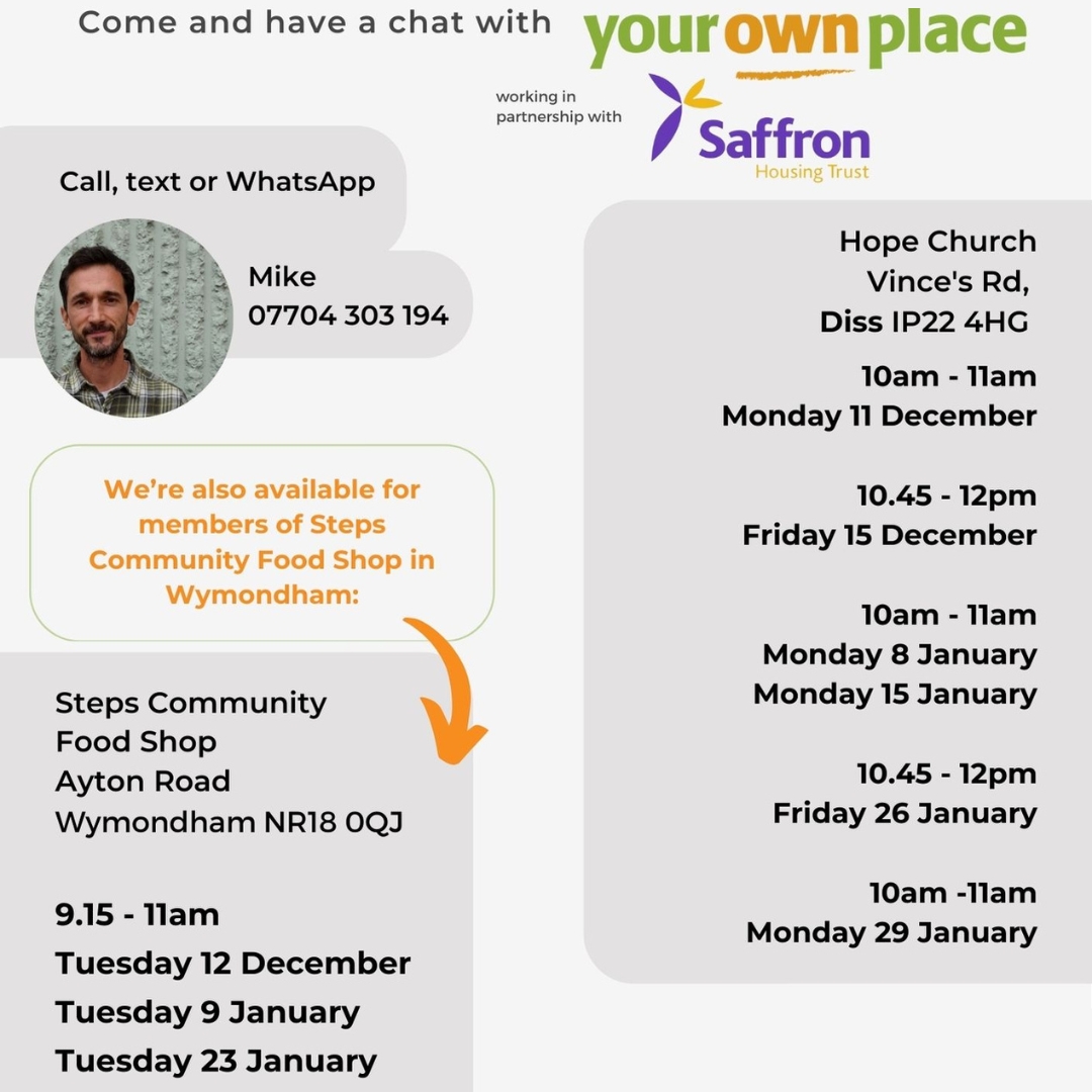 We offer free financial support drop-in sessions in foodbanks in #Diss and #Wymondham, in partnership with @yourownplace.

Find out more about upcoming dates 👇
saffronhousing.co.uk/about-us/our-n…