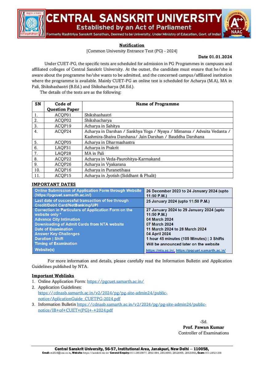 प्रवेश परीक्षा हेतु आवेदन प्रारम्भ- 26 दिसम्बर 2023 से 24 जनवरी 2024
केंद्रीय संस्कृत विश्वविद्यालय से अध्ययन के लिए छात्र NTA के माध्यम से परीक्षा देकर शीर्ष क्रमानुसार  स्थान प्राप्त कर सकते हैं
B.Ed, M.Ed, Acharya etc.
<a href="/shrivarakhedi/">shrinivasa varakhedi</a> 
<a href="/CentralSanskrit/">CENTRAL SANSKRIT UNIVERSITY</a>