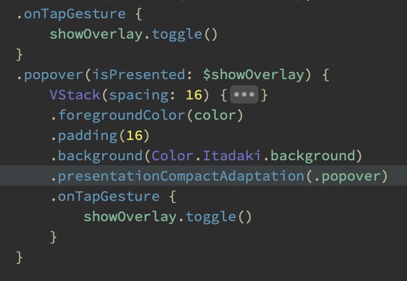 Lascorbe's tweet image. thanks to the Apple engineer who finally made the sane decision to let people easily present popovers on iPhone

(without .presentationCompactAdaptation(.popover) the popover modifier shows a popover on iPadOS and a sheet on iOS…)