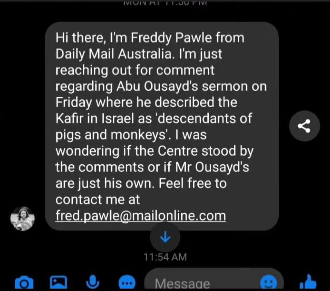 ZahidDOAM's tweet image. Epic response from a mosque when Daily Mail Australia reporter contacted them about a sermon on Zionists.