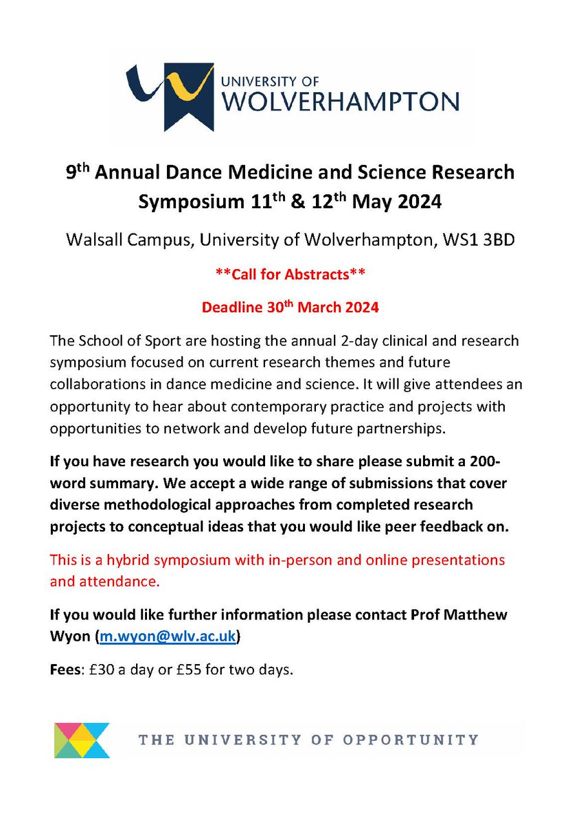 Exciting opportunity to present what your are doing in dance medicine and science at our 9th annual symposium <a href="/wlv_uni/">University of Wolverhampton</a> <a href="/FEHW_Research/">FEHWResearch</a> <a href="/NIDMS_/">NIDMS</a> <a href="/IADMS/">IADMS</a>