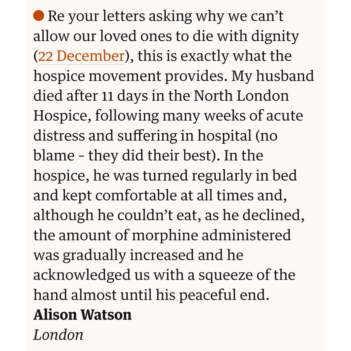 ✍🏻 The ongoing push for #assistedsuicide has distorted public perceptions of death and dying; a letter to the Guardian reminds us that enabling “our loved ones to die with dignity… is exactly what the hospice movement provides.” theguardian.com/society/2024/j… #palliativecare