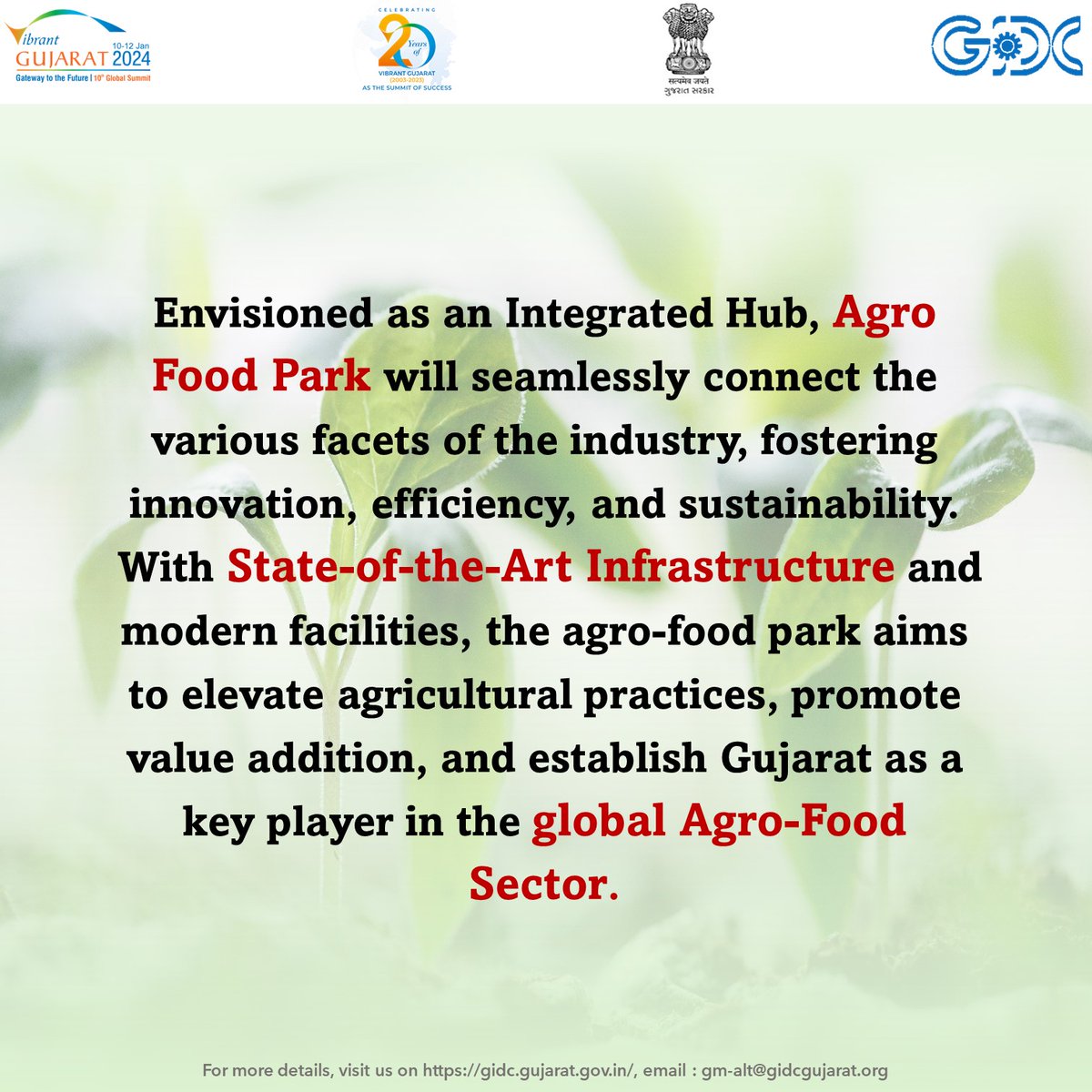 Embark on a transformative journey with the upcoming Agro Food Parks crafted by GIDC in Gujarat. 
State of the art infrastructure, innovation commitment, and global aspirations - all set to redefine the agriculture landscape!
Stay tuned for excellence in cultivation!  
#VGGS2024