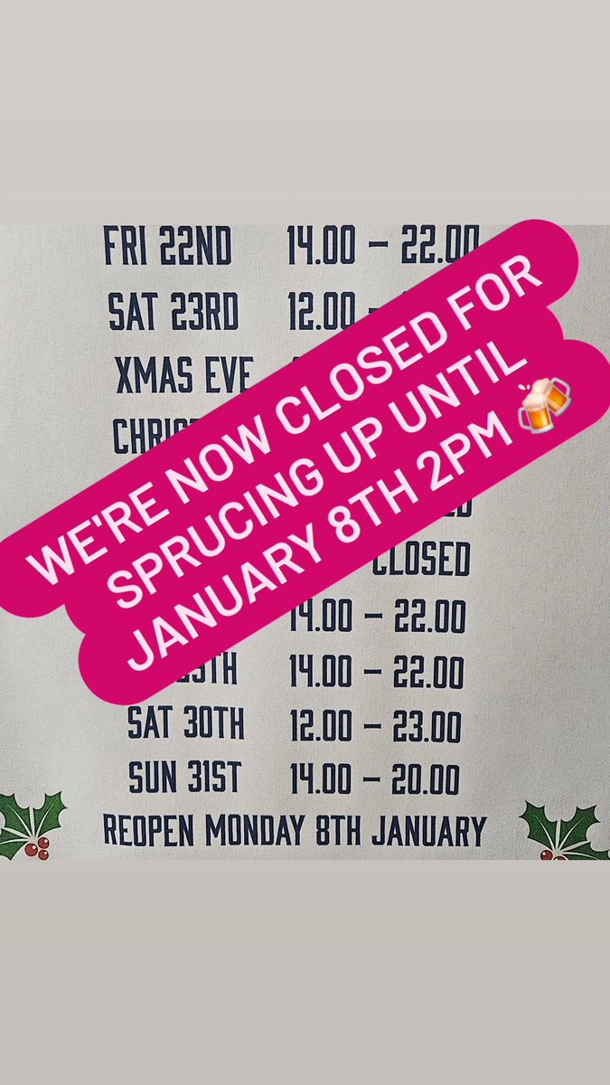 Don't forget, we're closed until January 8th 2pm for a freshen up of Hops! Cheers 🍻