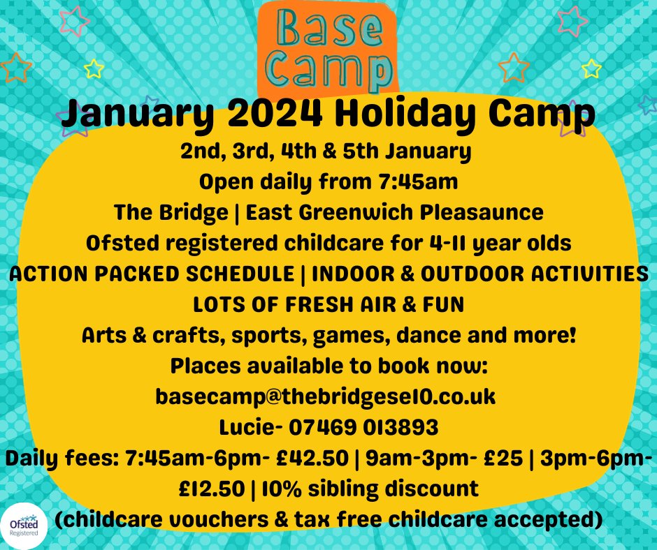 Base Camp present to you January Holiday Camp starting from Tuesday 2nd - Friday 5th, they'll be running an action packed schedule full of fun for children. Ring Lucie today on 07469 013893 OR email: basecamp@thebridgese10.co.uk