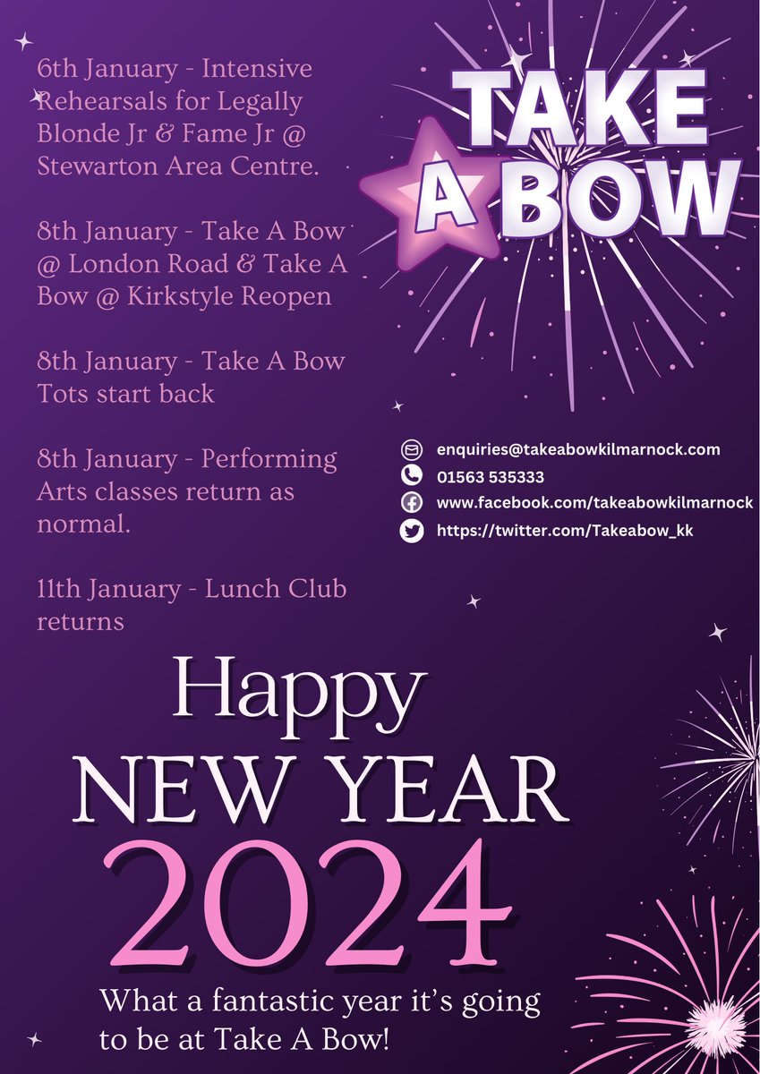 Happy New Year from all @ Take A Bow! 🥳 Our staff will return on Friday 5th January and all our activities start kicking off from 6th January. 🤩 We can’t wait to welcome you and create amazing things this year! 💜