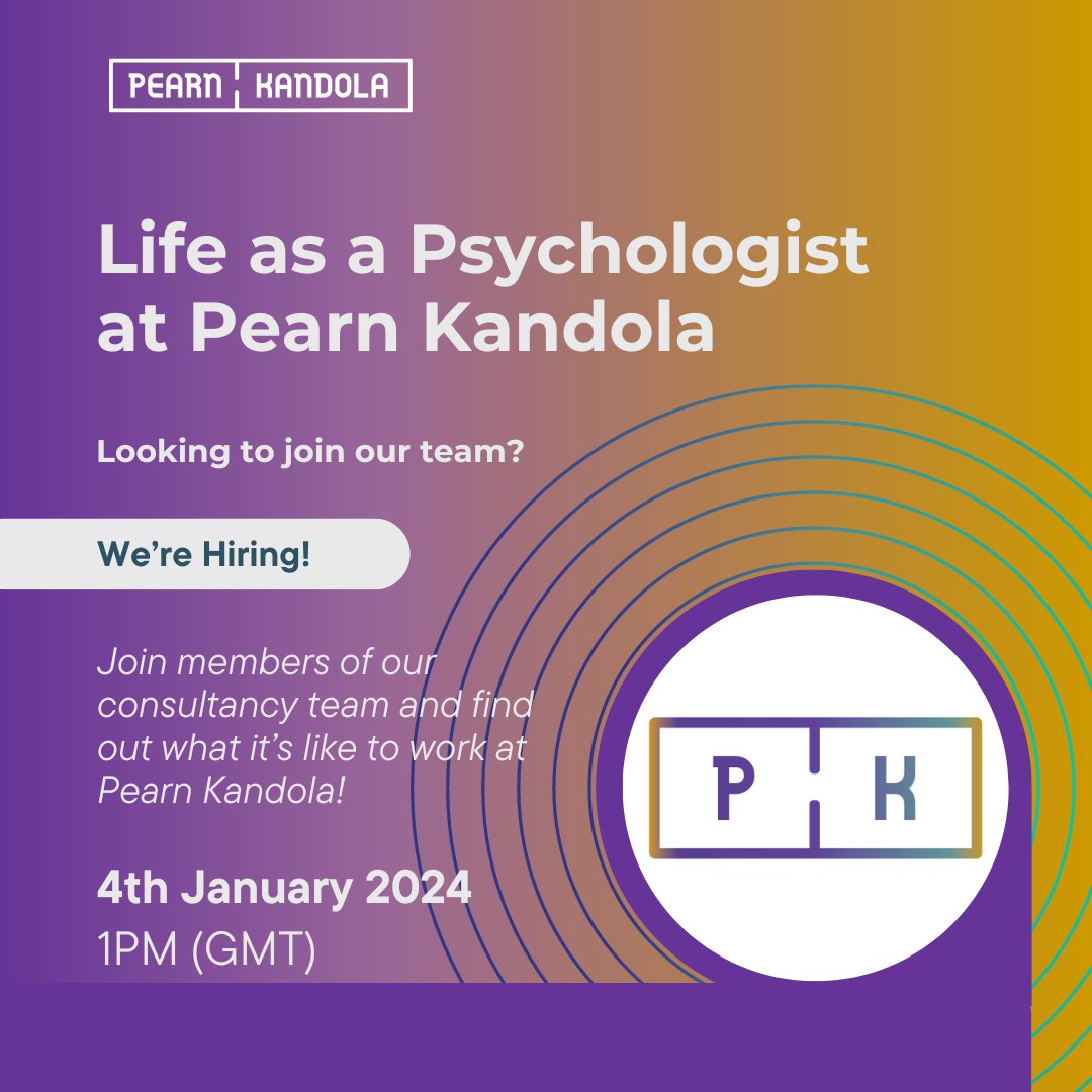 Are you interested in joining our team of Psychologists? Don't miss our live webinar this Thursday, 4th January at 1pm! If you want to know what it's like to work at Pearn Kandola, join us and find out from members of our consultancy team. Register: eu1.hubs.ly/H06NNXk0