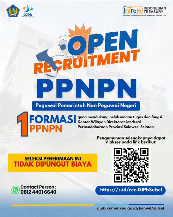 djpbsulsel's tweet photo. Guna mendukung pelaksanaan tugas dan fungsi Kantor Wilayah Direktorat Jenderal Perbendaharaan Provinsi Sulawesi Selatan, kami membuka kesempatan kepada masyarakat umum untuk mengikuti Seleksi Penerimaan 1 (satu) orang Pegawai Pemerintah Non Pegawai Negeri (PPNPN). https://t.co/BDaaiQhzgp