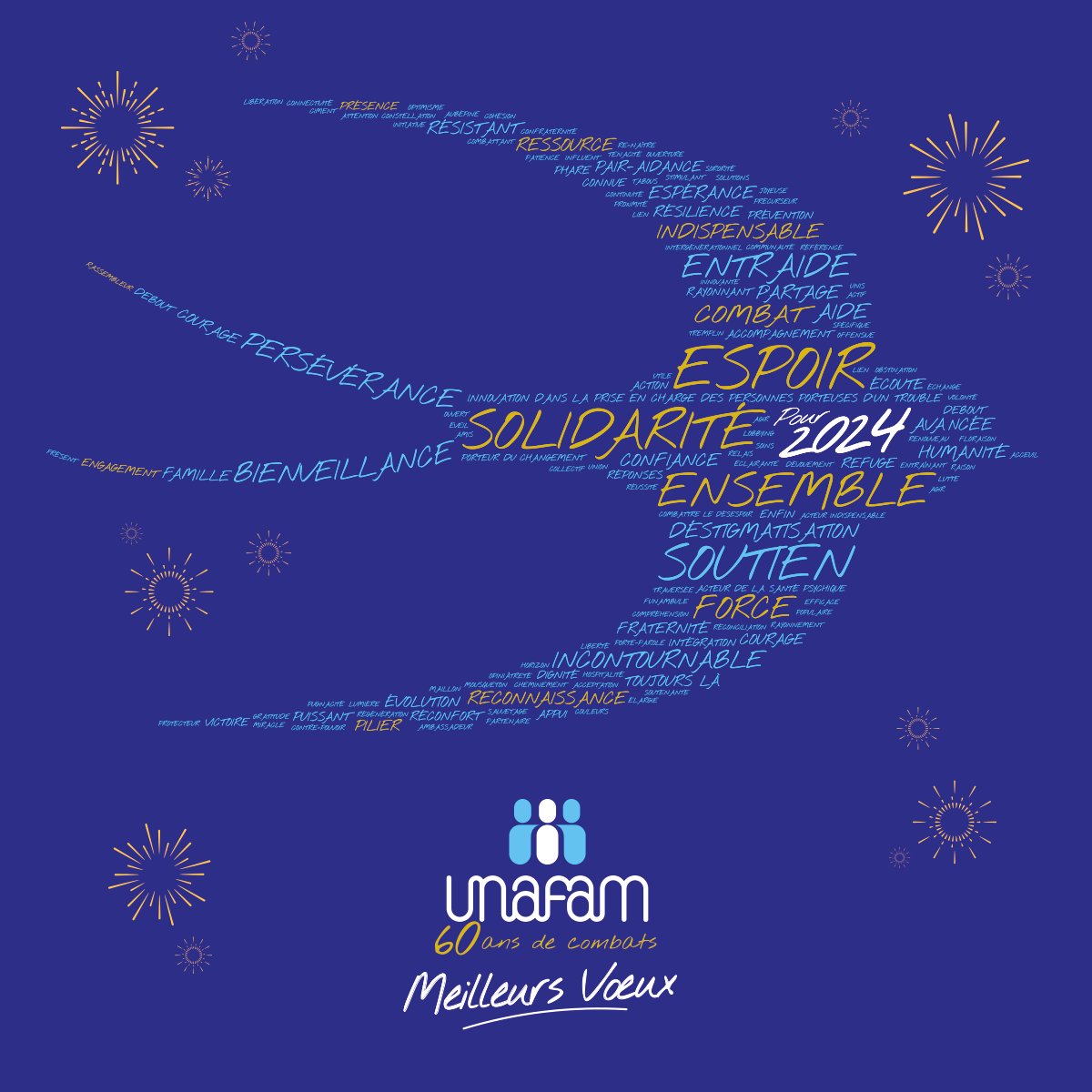 [#NouvelAn] L’Unafam vous souhaite une très belle année 2024 ! 

Merci d'avoir été à nos côtés durant cette année 2023, qui a célébré les 60 ans d'existence de l'association.  

C’est ensemble que nous pourrons poursuivre en 2024 nos nombreux combats, afin d’agir au quotidien