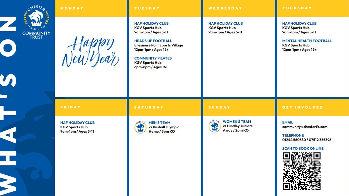 Chester FC Community Trust (@cfc_commtrust) on Twitter photo Happy New Year! 🥳
📆 Here's our timetable of community activities for the first week of 2024. If you'd like to get involved with any of our projects, email community@chesterfc.com for more details. Happy New Year! 🥳
📆 Here's our timetable of community activities for the first week of 2024. If you'd like to get involved with any of our projects, email community@chesterfc.com for more details.