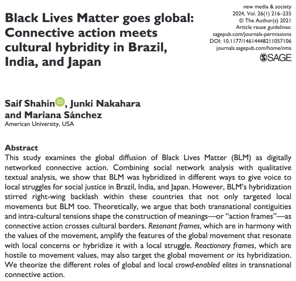 My article with @JkNkhr & @Marianaszs on #BLM as a global movement, originally published in 2021, is in New Media & Society’s first issue of 2024, enjoying the company of @htchen_ @magdalenasaldan @mbarni109 @emilylynell & @cyberdivalive! #FreeAccess journals.sagepub.com/doi/full/10.11…