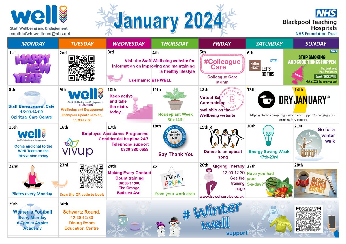 #january calendar has info on awareness days, wellbeing activities & positive messages to share with your team. Download a copy using the link⬇️ or pick up a copy from the Mezzanine at BVH bfwh.nhs.uk/wp-content/upl… @BlackpoolHosp @CliftonHospital