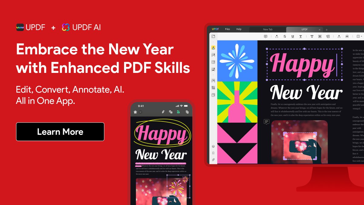 updfeditor's tweet image. 🥳🎉🎉Happy New Year! Embrace the New Year with the Productivity PDF Solution — UPDF Editor! Enjoy a Special New Year's Offer of 62% Off Now: updf.com/updf-new-year/ #newyearsale #2024 #newyear #newyeardeal #pdfeditor #ai