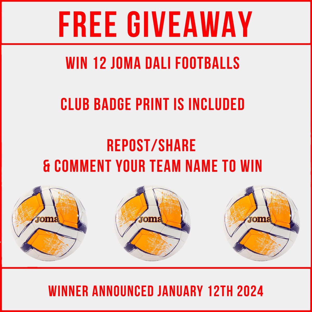 ****Free Giveaway**** We're giving away a pack of 12 Joma Dali Footballs. Club badge printing is included free of charge To enter, repost and comment your club name. Winner announced Friday January 12th!