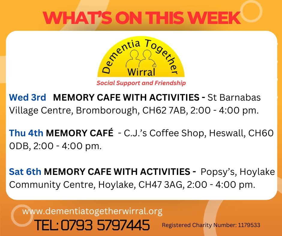 This Week's Calendar - Explore a variety of engaging activities. 
No need to book, for most of our activities and no ongoing commitment – just drop in. 
New members welcome, join us and become a part of our supportive community. 
Full calendar: dementiatogetherwirral.org