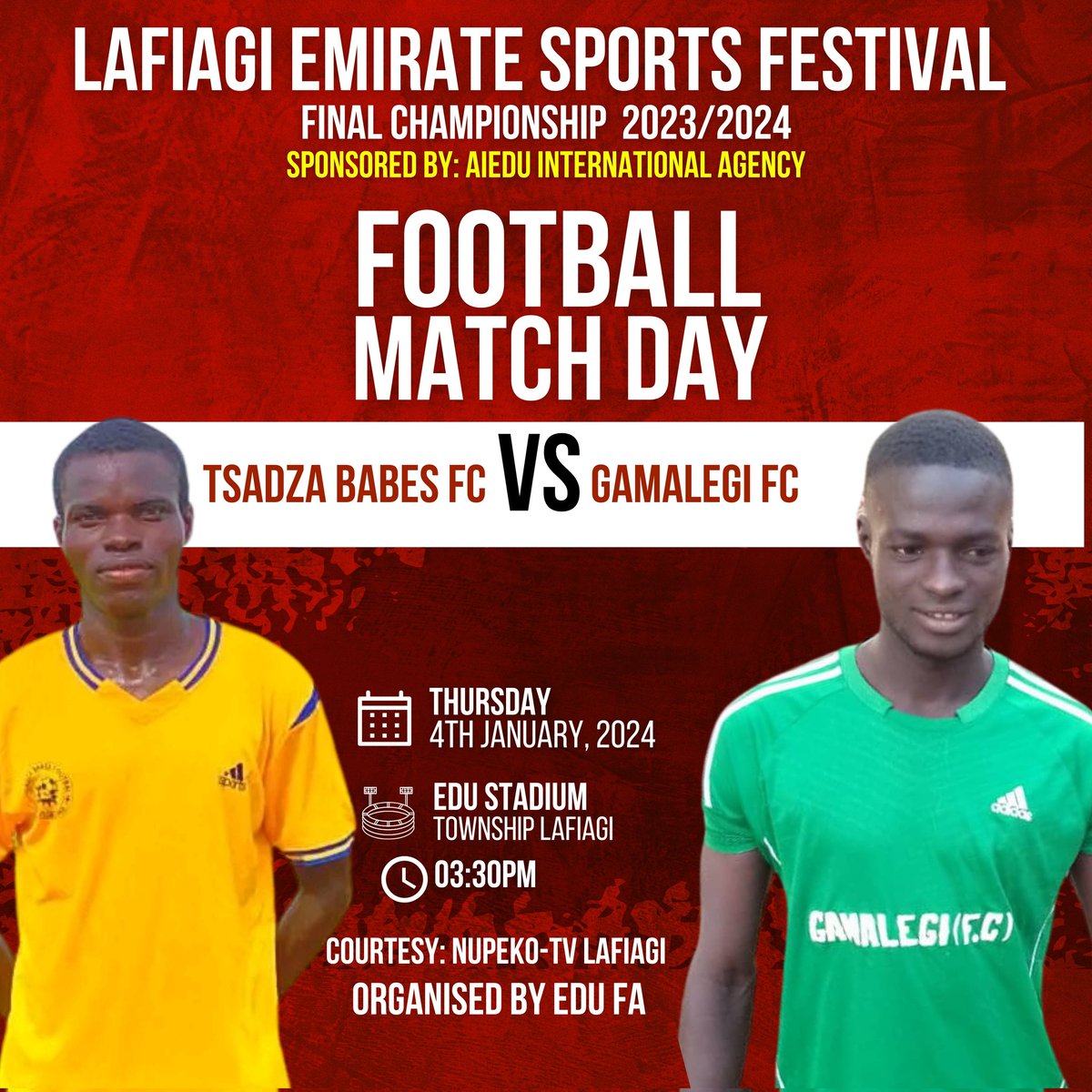 EDU FOOTBALL COUNCIL IN COLLABORATION WITH AIEDU INTERNATIONAL AGENCY is Inviting the Public to her 3rd Grand Finale of the Lafiagi Emirate Annual Sports Festival on 4th January 2024 at Edu Local Government Township Stadium Lafiagi. 

Come one, come all