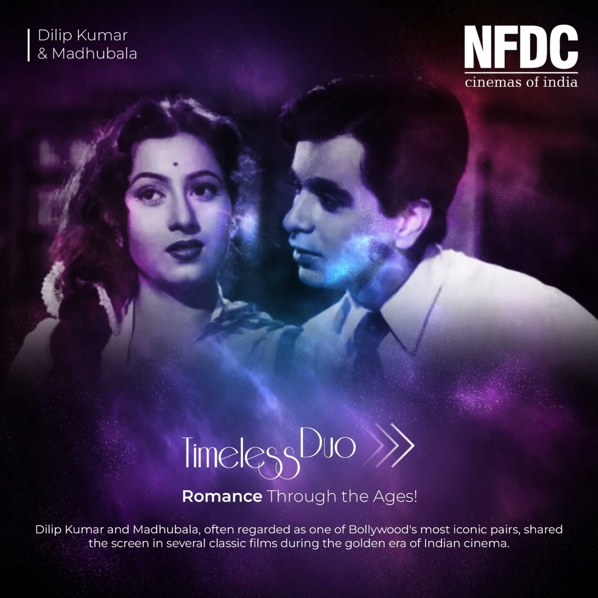 nfdcindia's tweet photo. Capturing hearts and etching a saga of timeless romance, Dilip Kumar and Madhubala's on-screen magic transcends eras. Their legacy, woven in the threads of classic Bollywood, continues to enchant generations. #TimelessDuo #DilipKumar #Madhubala https://t.co/mZ74qUNTmL