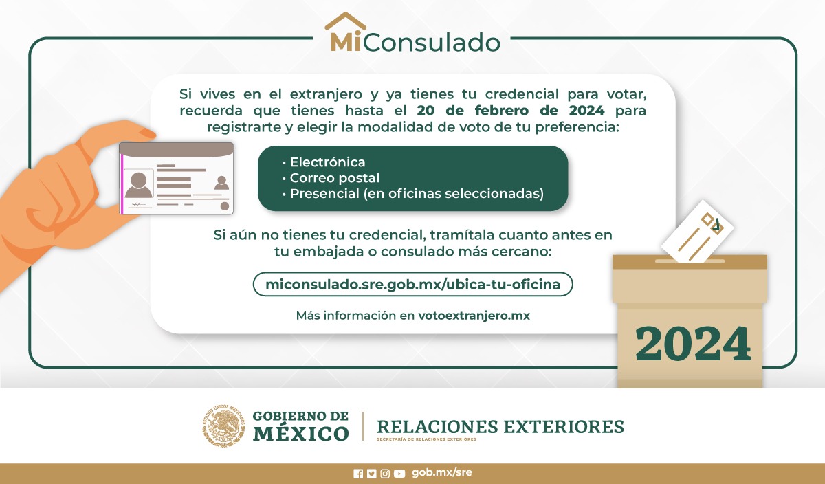 No olvides que tienes hasta el 20 de febrero para registrarte y poder votar desde el exterior.
Si todavía no tienes tu credencial, puedes tramitarla en la embajada sin necesidad de cita