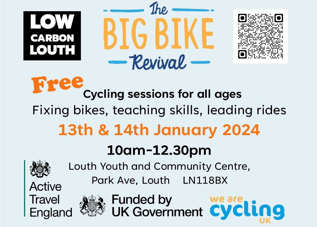 Low Carbon Louth are organising FREE events to help make cycling accessible for everyone. 
The events will be run between 10.30 and 12.30 on the weekend of the 13th and 14th January 2024 at The Youth and Community Centre, Park Avenue, Louth LN11 8BX