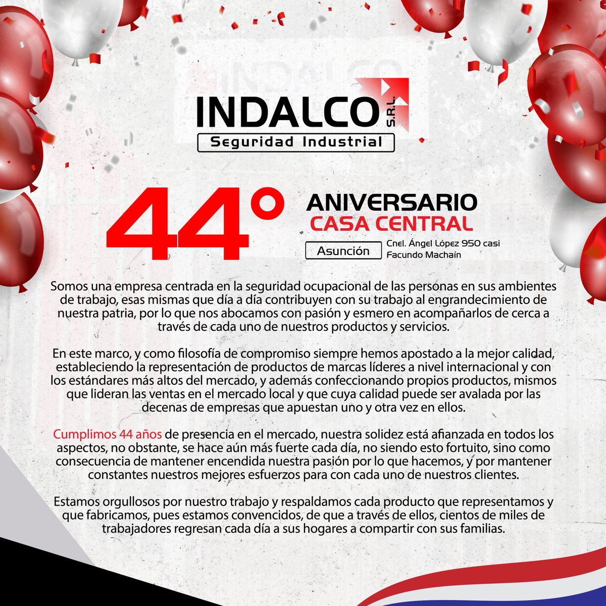 indalco_py's tweet photo. Celebramos con gran alegría y orgullo para celebrar los 44 años de aniversario de INDALCO S.R.L.,marcando un hito significativo en el mundo de la seguridad industrial.

#seguridadindustrial #paraguay #indalco #44aniversario https://t.co/bpB2eBAie4