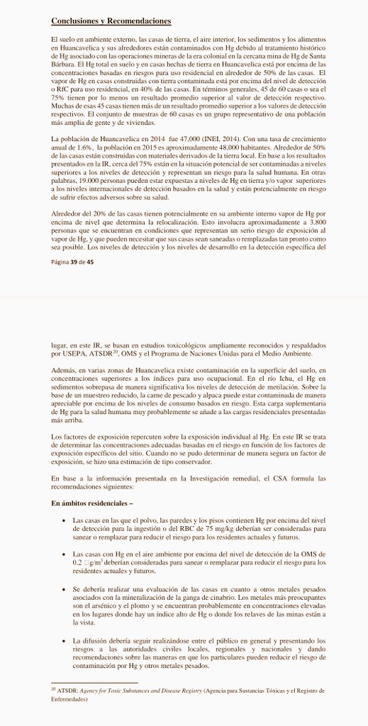 Una sentencia de segunda instancia ordena elaborar planes de descontaminación por mercurio para la ciudad de Huancavelica y la comunidad de Sacsamarca. Añado partes del diagnóstico que elaboró en 2015 la ONG Consejo de Salud Ambiental para entablar la demanda al Estado 🇵🇪