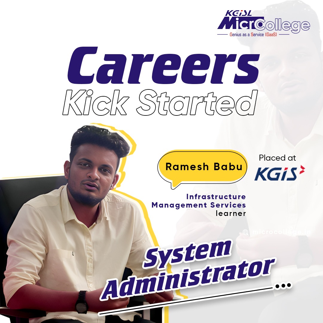 MicroCollegeOfl's tweet photo. To new beginnings! Our students continue to find their career breakthroughs. Meet our Infrastructure Management Services student, Mr. Ramesh Babu, now a System Administrator at KGiS. https://t.co/0RVpT1rgPk