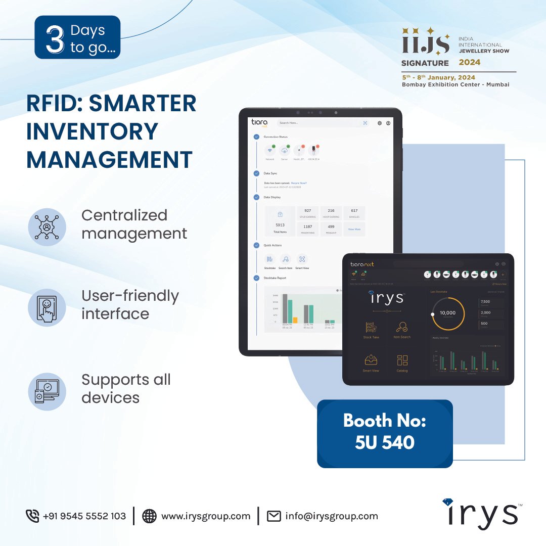 irysgroup's tweet photo. Counting down 3 days to the IIJS Signature, Mumbai 2024!
Discover the future of jewelry management with RFID technology. Learn how RFID can revolutionize inventory tracking, streamline operations, and enhance security. Don't miss this opportunity.

#iijssignature2024 #mumbai https://t.co/edYgb0tp5K
