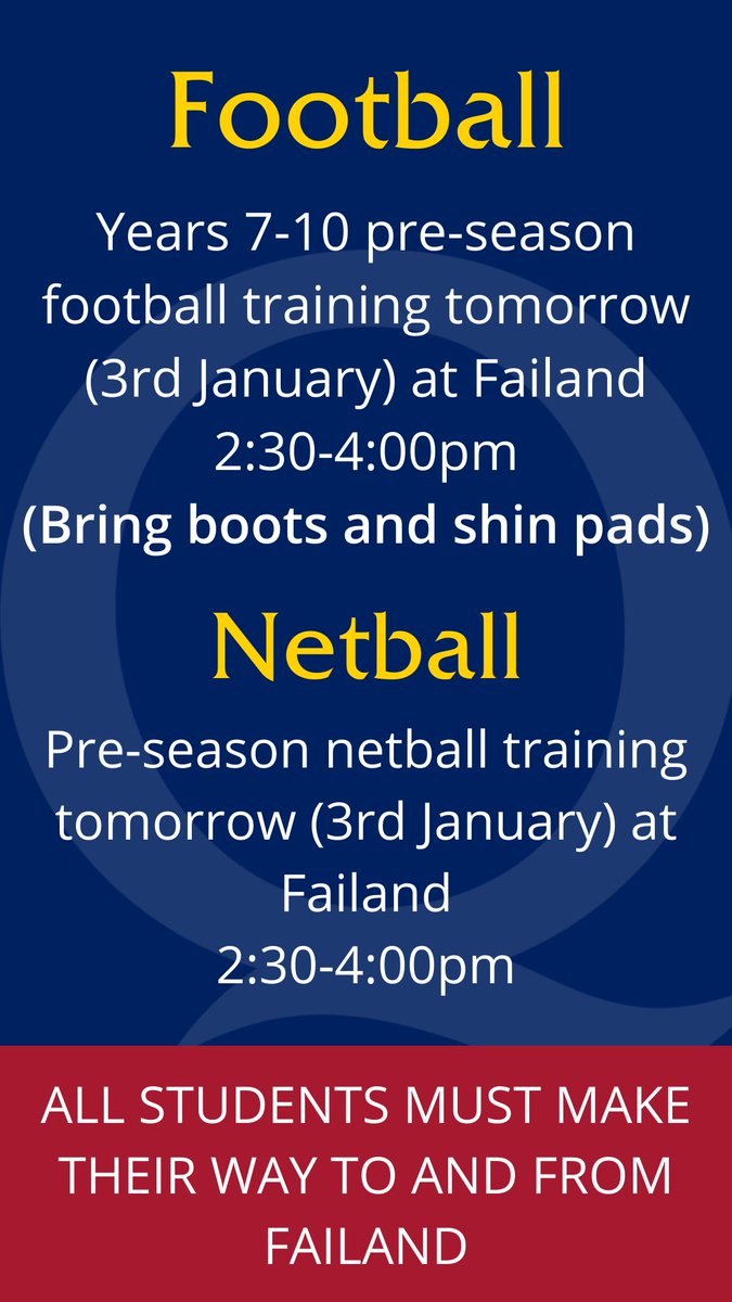 Wednesday 3rd January (tomorrow) pre-season training details below.