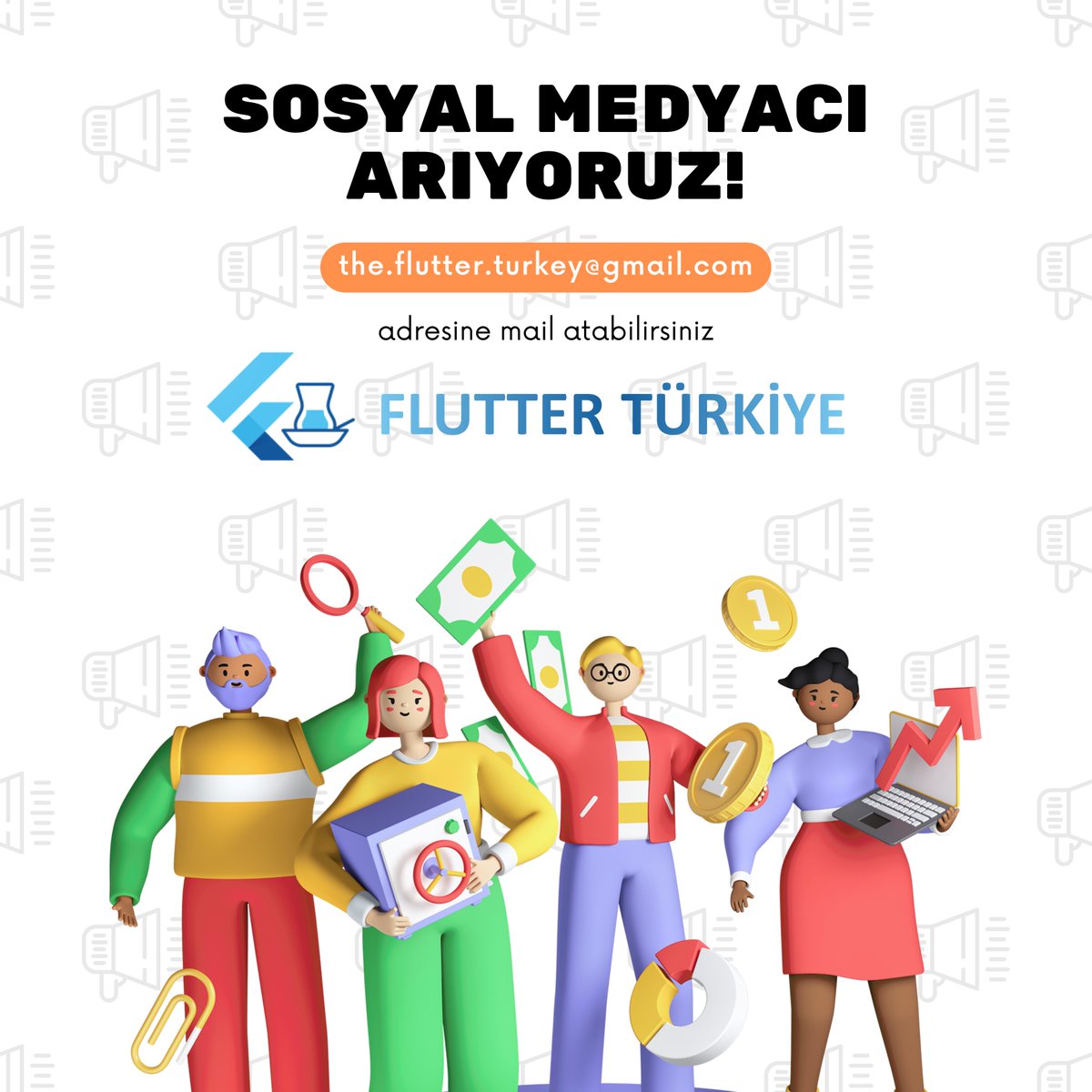 Flutter Türkiye ekibimiz büyüyor! 🥳 Sen de ekibe katılmak istiyorsan the.flutter.turkey@gmail.com adresine mailini bekliyoruz! 🚀✨ #flutter