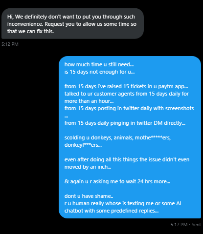 im_kranthikiran's tweet image. I've attached the screenshots of the details u sent via DM &amp;amp; u r sending the same reply from past 15 days.
Dont u have shame @vijayshekhar to steal money from ur trusted customers. 
#Indians  Pls see how @Paytm has now become the biggest fraud company of India 
#stopUsingPaytm