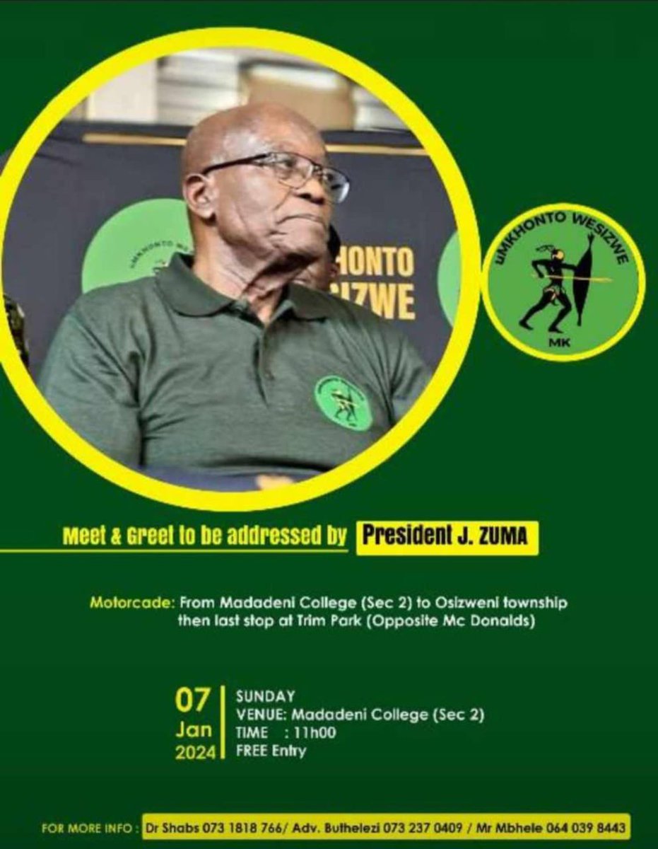 DZumaSambudla's tweet photo. Newcastle…We Heard You And President Zuma We Will Be With You On Sunday. 7th January 2024

#VoteMK2024 https://t.co/BXE5cfqS77