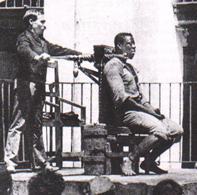 The Garrote is a strangulation device that can be used to execute the condemned. Usually the unfortunate individual is tied to a wooden stake, with a metal clap wrapped around his neck before the executioner then tightens the screw, aiming to rupture the brainstem.